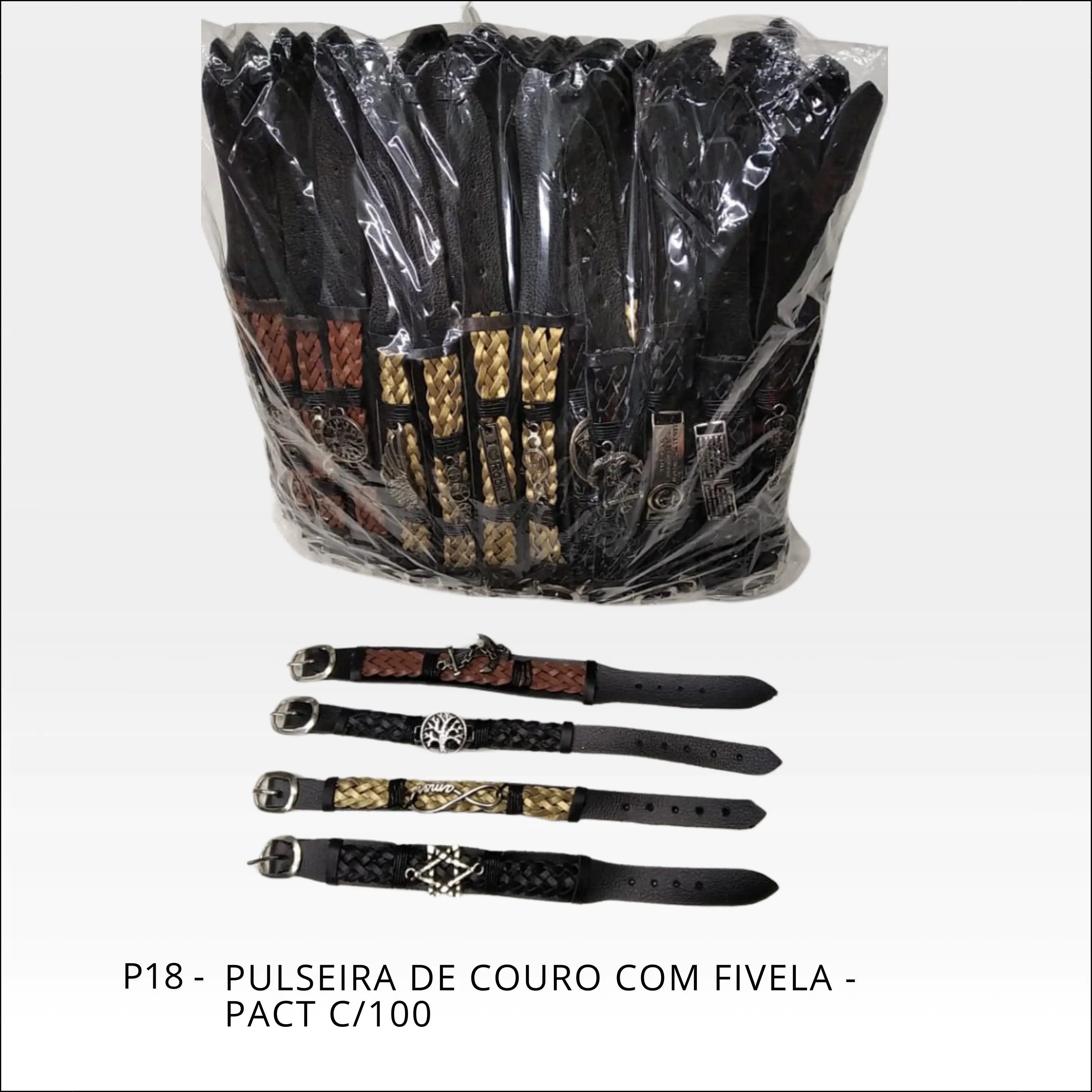 Pulseira de couro com fivela diversas- PCT c/100 