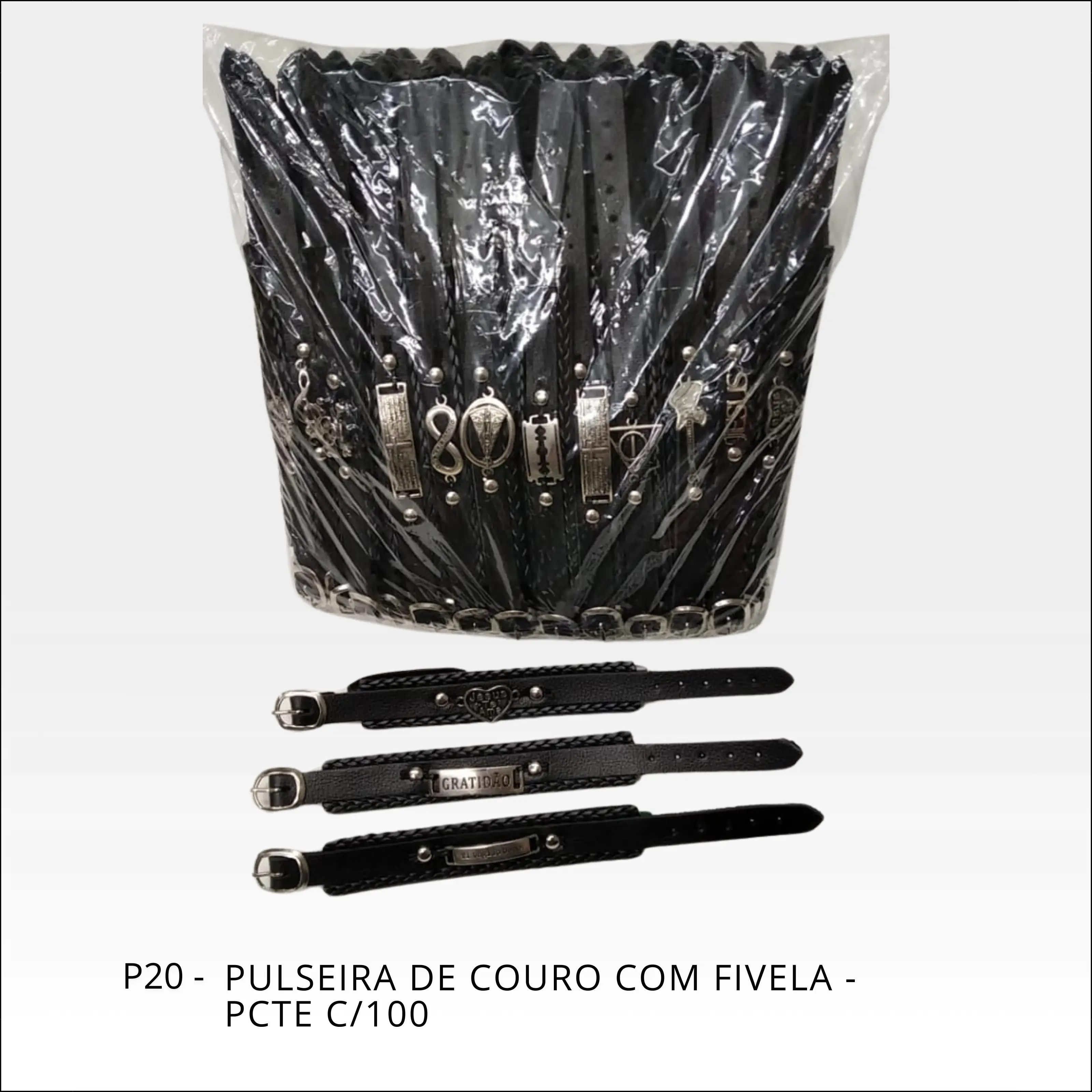 Pulseira de couro com fivela cor preta - PCT c/100