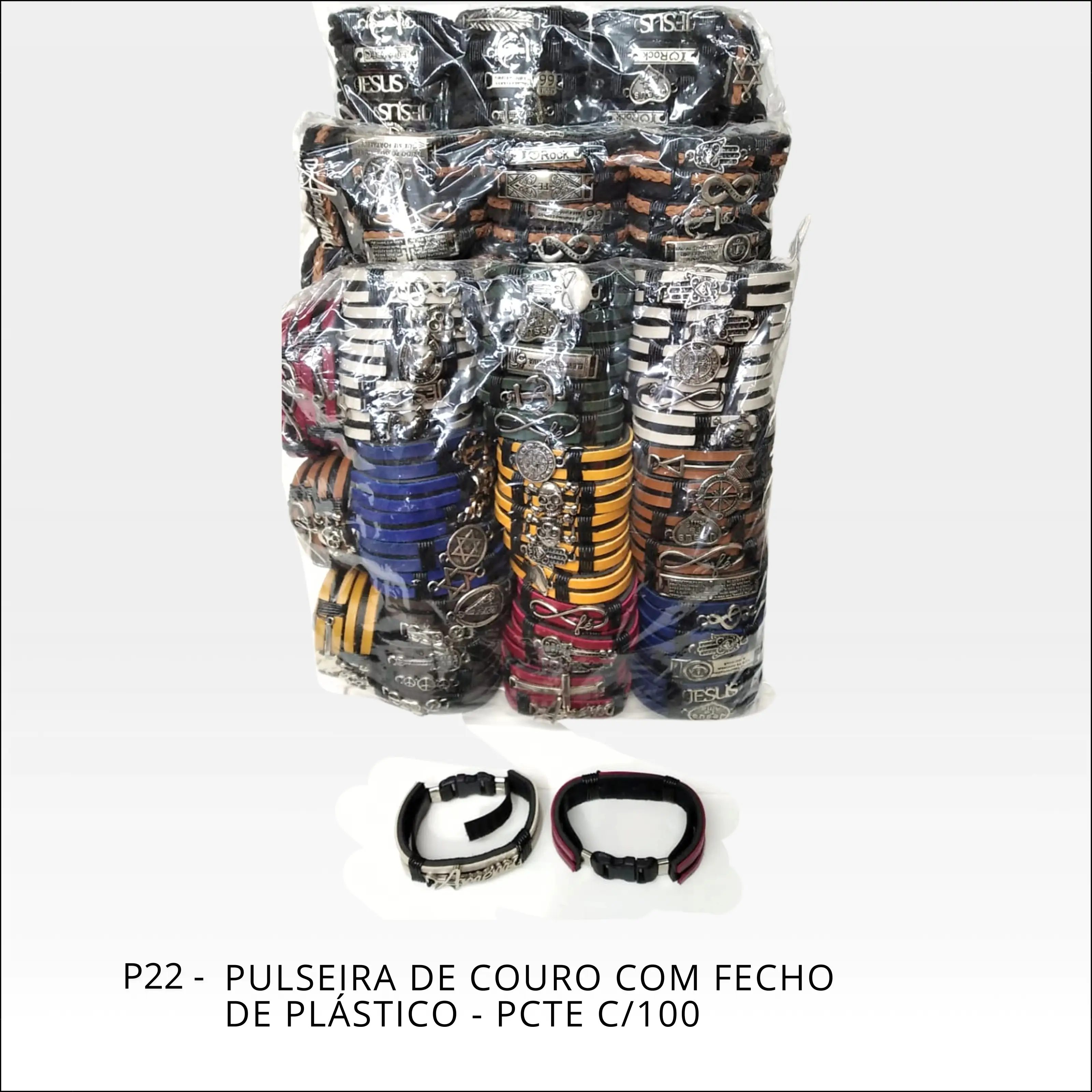 Pulseira de couro com fecho de plástico cores diversas - PCT c/100