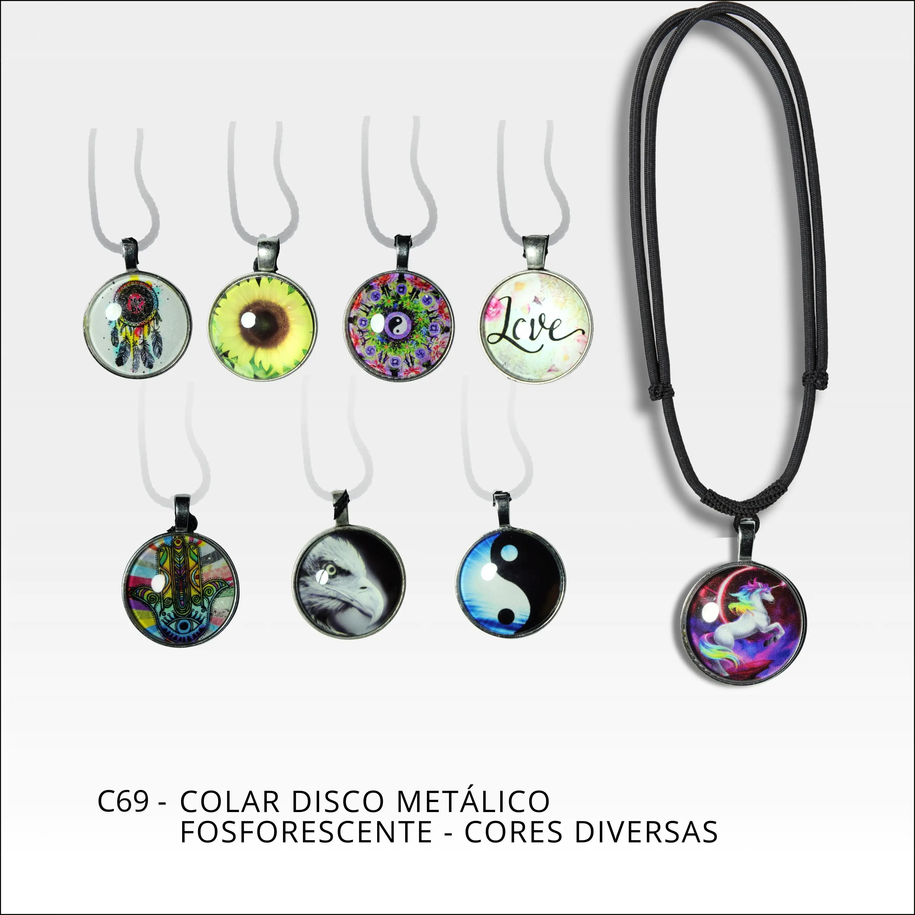 Colar disco metálico fosforescente cores diversas